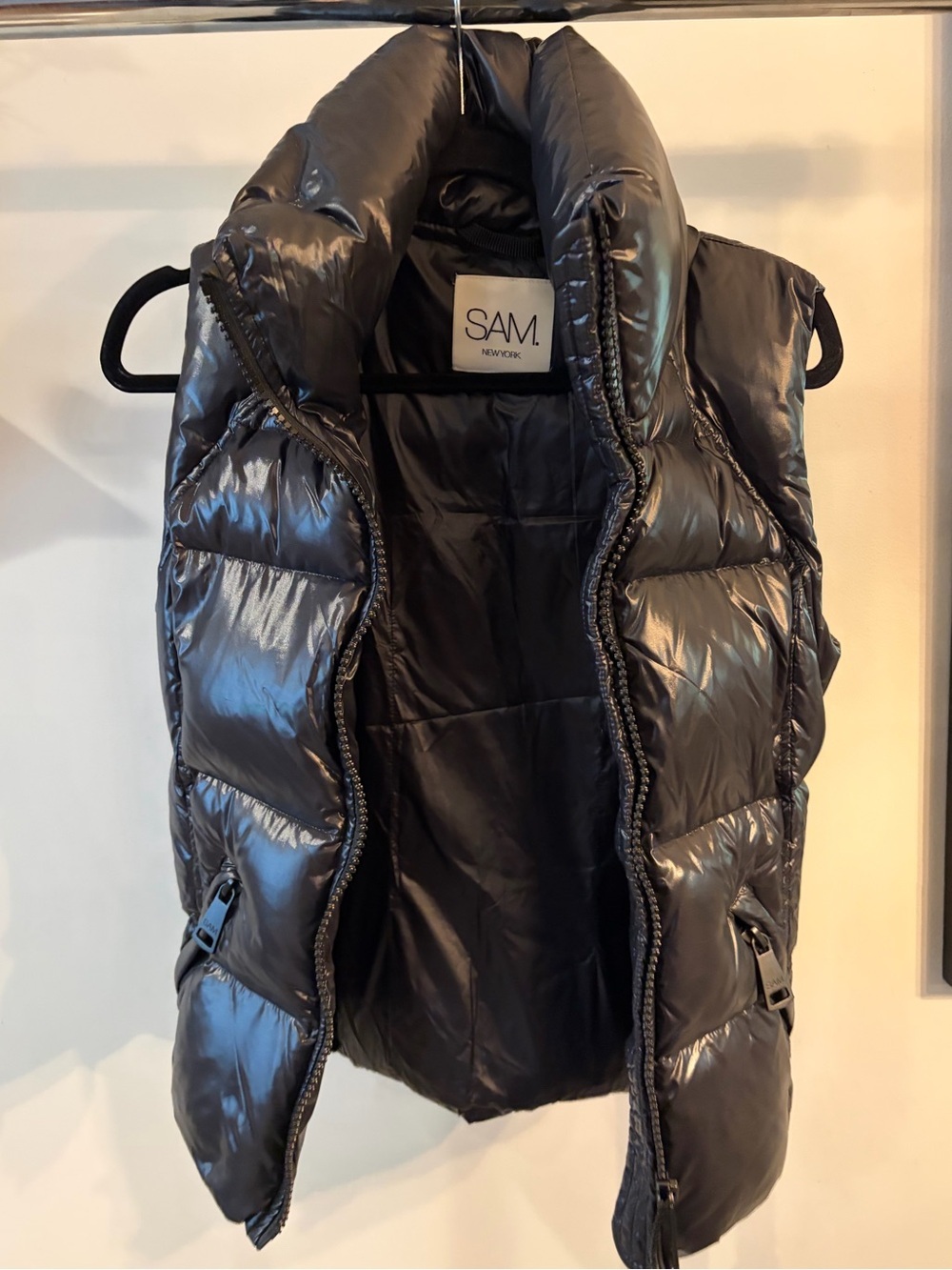 SAM. Shiny Black Quilted Puffer Vest goose down feather size XS